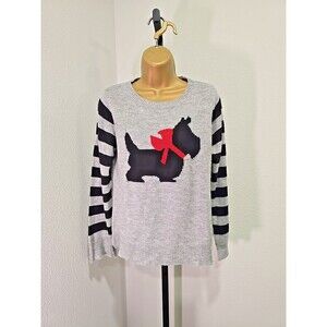 Preppy Novelty Festive Scottie Gray Black Stripe Knit Stretch Sweater Womens PL